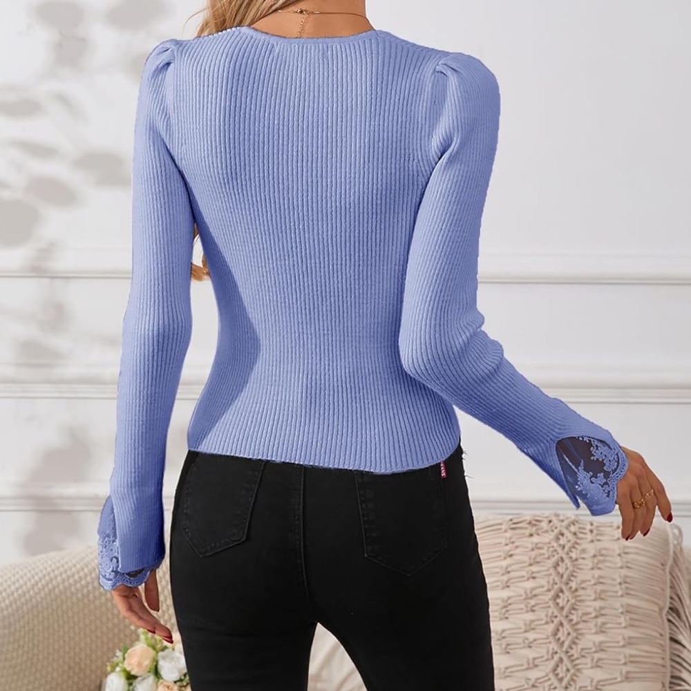 NWT Blue Ribbed Knit Sweater Pearl Accents Lace Cuff Top Size L - Picture 4 of 14